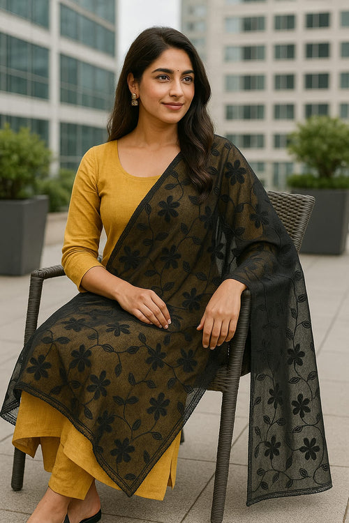 Black Chiffon Embroidered Dupatta – Elegant Floral Embroidery Lightweight Designer Dupatta (2.25 Meters)