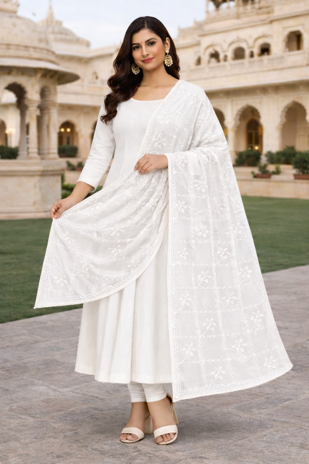 White Chiffon Embroidery Dupatta with Lace Work – 2.25 Meters