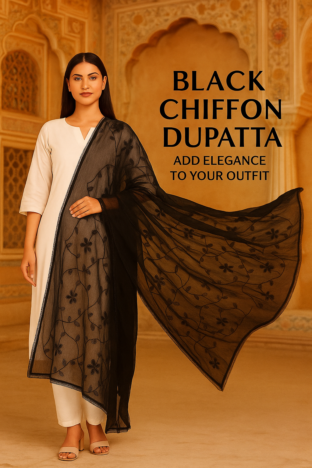 Black Chiffon Embroidered Dupatta – Elegant Floral Embroidery Lightweight Designer Dupatta (2.25 Meters)
